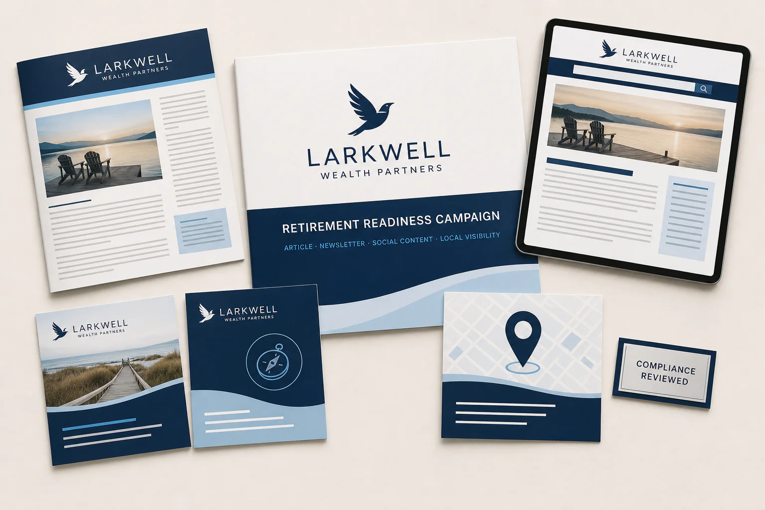 A coordinated marketing package containing long-form content, social assets, local visibility priorities, and a compliance-reviewed final document